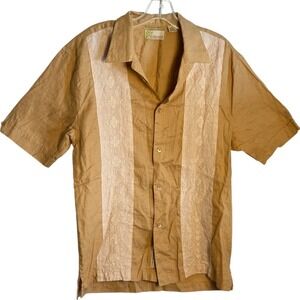 Cubavera Men Shirt 100% Linen Short Sleeve Embroidered Guayabera Resort Tan M